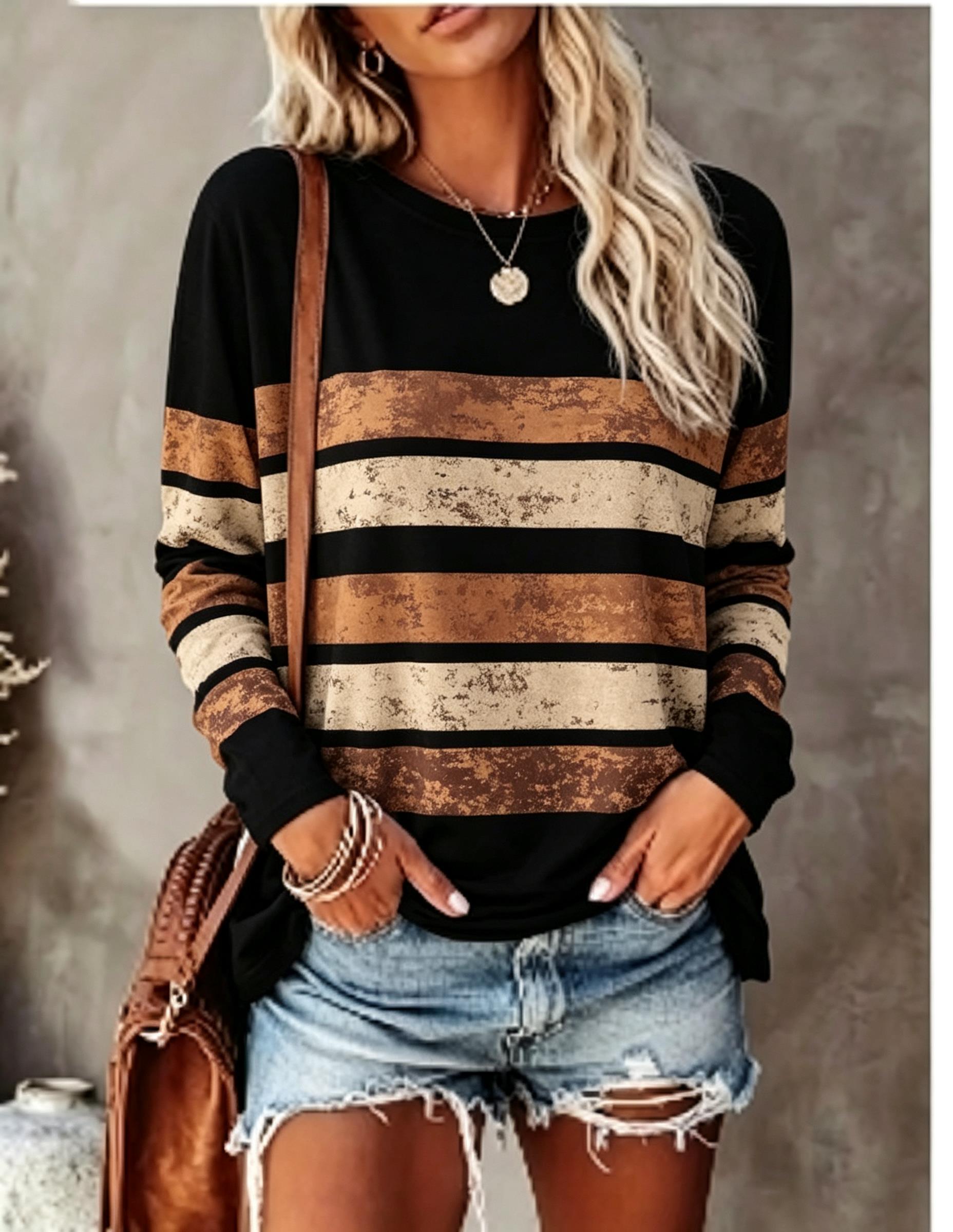 Wallpaper - Damen-Langarm-T-Shirt, Vintage-Look, Used-Look, Farbblock- und Streifenmuster,