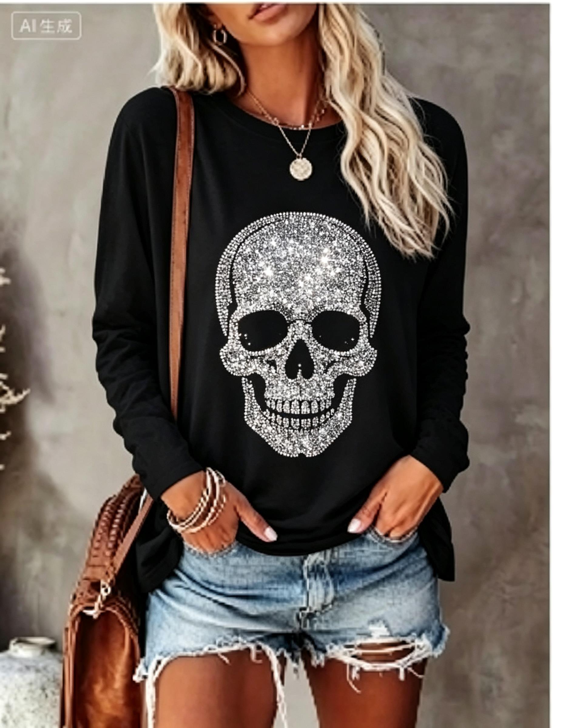 Wallpaper - Damen Langarm-T-Shirt mit simuliertem Strass-Totenkopf und